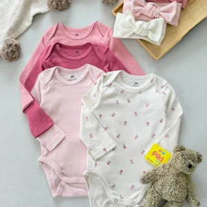 ست ۴ عددی بادی نوزادی دخترانه H&M صورتی و گل‌دار در پیکی بای