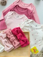 ست بادی نوزادی دخترانه H&M صورتی و گل‌دار همراه با هدبند