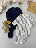 خرید سرهمی زیپ‌دار نوزادی H&M پارچه کبریتی در دو رنگ راه‌راه و سرمه‌ای