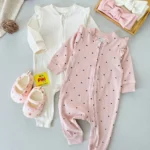 سرهمی کبریتی نوزادی برند اچ اند ام (H&M) زیپ‌دار، مدل سرشانه چین‌دار در دو طرح قلب صورتی و ساده شیری