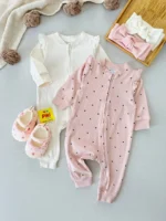 سرهمی کبریتی نوزادی برند اچ اند ام (H&M) زیپ‌دار، مدل سرشانه چین‌دار در دو طرح قلب صورتی و ساده شیری
